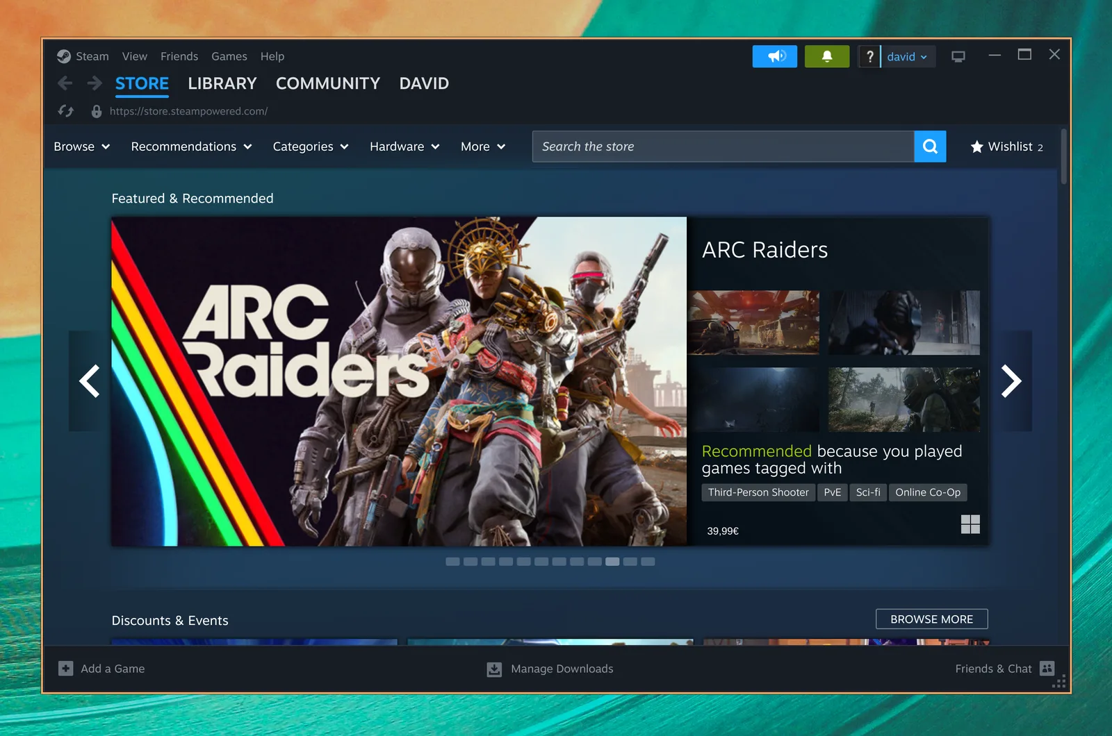 Steam pokazujący sklep z grami w Omarchy